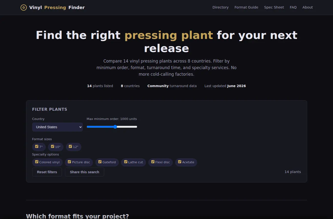 Screenshot of Vinyl Pressing Plant Finder interface showing the project page in use
